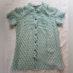Banana Republic Womens Sheer Blouse Green White 100% Silk Size XS